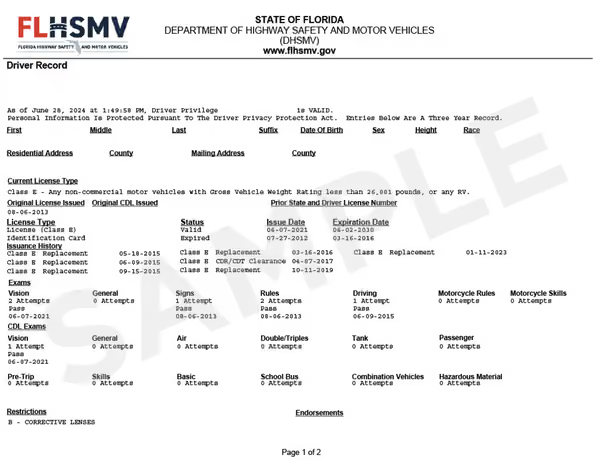 Sample Florida Driving Record