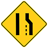 Yellow road sign with right lane ending and merge left